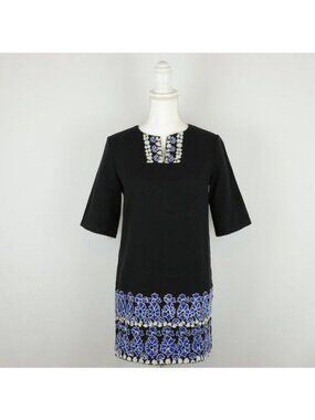 Suno Women's Size 0 Black Blue Embroidered Cotton Short Sleeve Mini Shift Dress